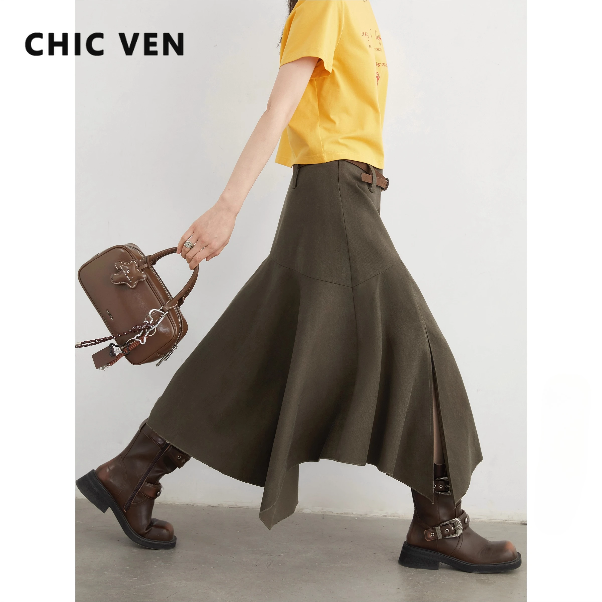 

CHIC VEN Korean Fashion Women Skirts Loose Casual Solid Irregular Hem Fishtail Female Skirt Side Slit Skirt Spring Summer 2025