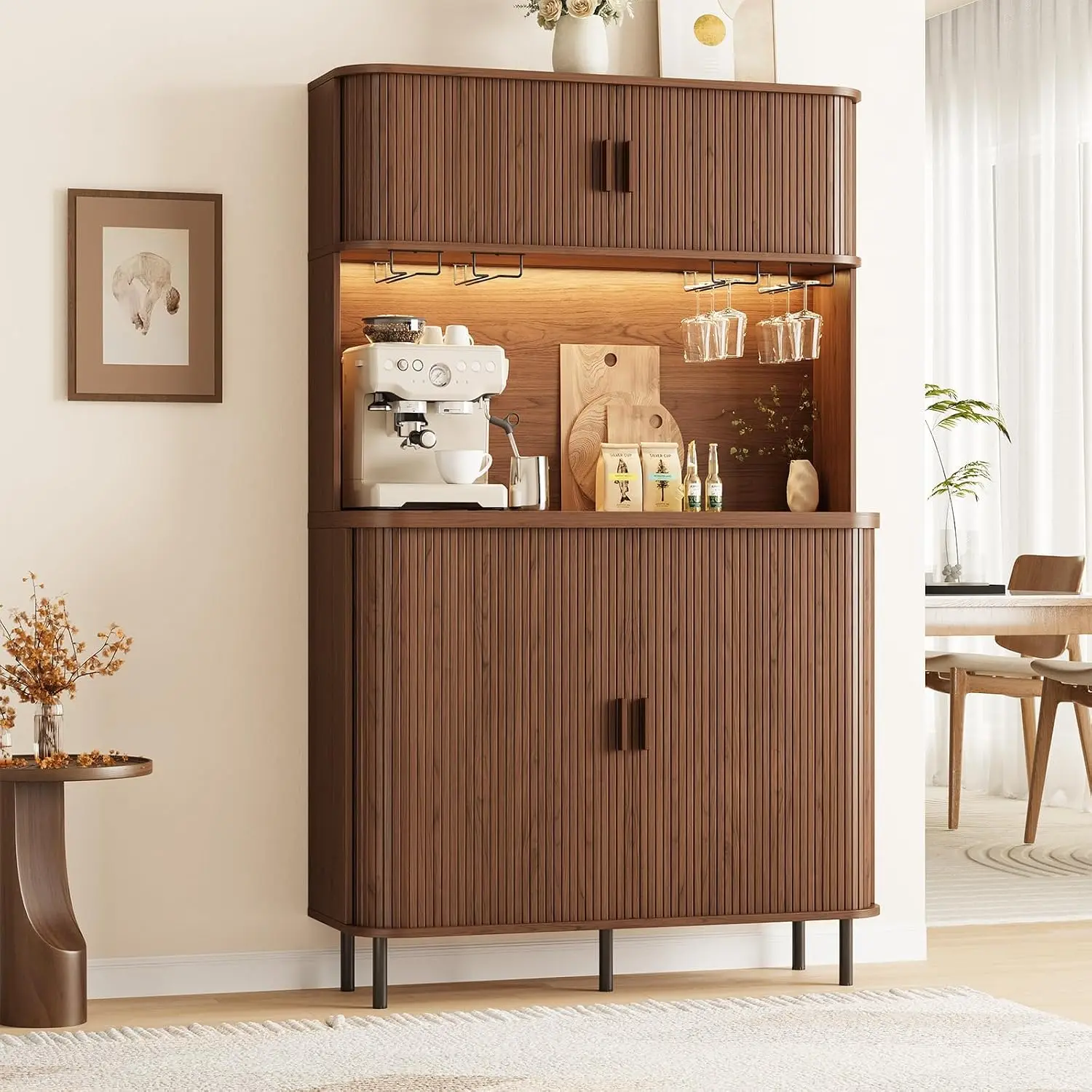 71 Inch Walnut Fluted Wine Bar Cabinet with LED Lights and Power Outlet, Tall Liquor Cabinet, Coffee Bar Storage