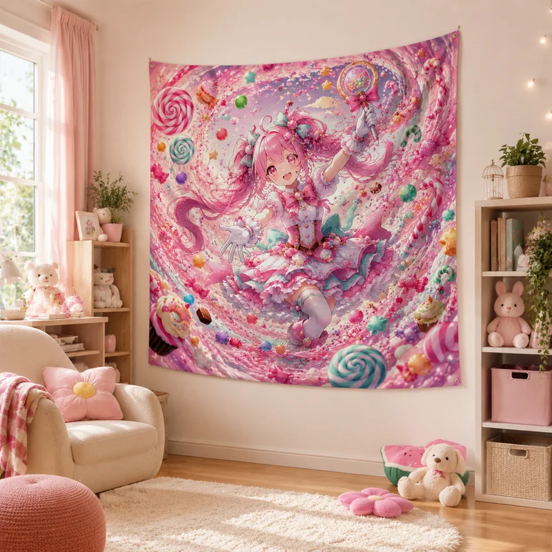 VIKAMA Macaron Sweet Angel Tapestry, Dreamy Candy Kingdom Cloud Wall Hanging, Winged Girl Print Wall Hanging, Home Decor