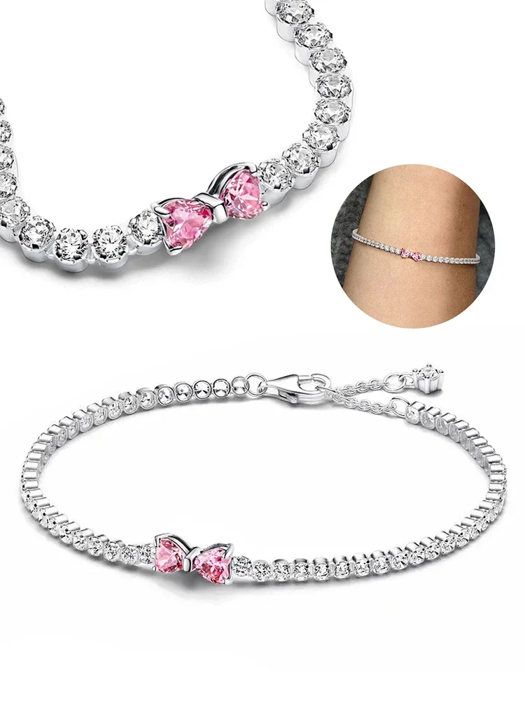 2026 Valentine New 925 Silver Pink Bow Full Diamond Bracelet Original 17-20CM Fit DIY Charm Women Birthday Jewelry Gifts