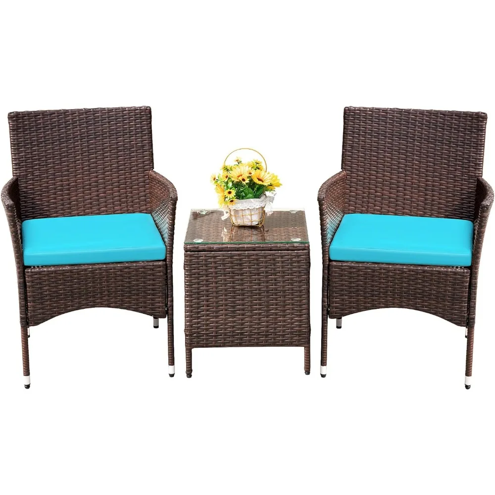 

Patio Porch Furniture Sets 3 Pieces – PE Rattan Wicker Chairs w/Table – Outdoor Garden Set for Yard, Balcony or Poolside Use (Br