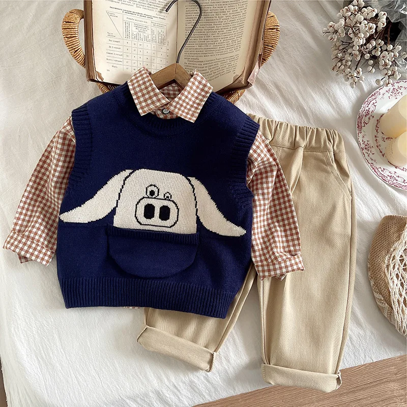 

Boys Clothes Sets Spring Autumn Children Woolen Jersey Vest Shirts Pants 3pcs Casual Suit For Baby Tracksuits Kids Outfits 4 5Y