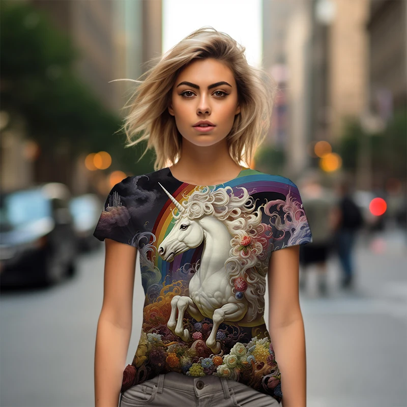 Summer new lady T -shirt unicorn 3D printed lady T -shirt fantasy casual ladies T -shirt fashion trend women T -shirt