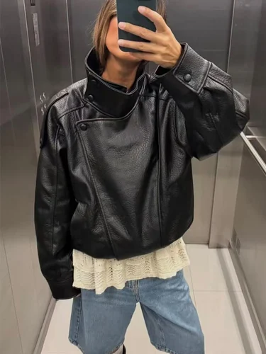 Imagen 2 del producto Chaqueta de cuero de moda para mujer Otoño Invierno suelta casual PU chaquetas de cuero de imitación abrigo chaquetas de motocicleta de calle de moda