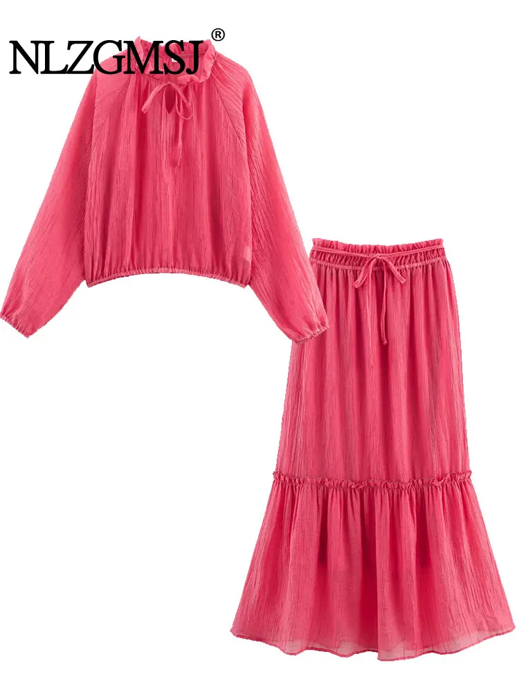 Conjunto de 2 piezas con efecto plisado para mujer, falda larga lisa con cintura elástica, blusas holgadas a la moda, conjuntos de Tops, primavera 2025