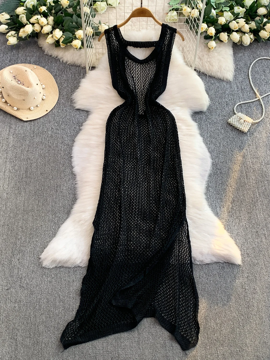 

Vaion Sle Sexy Hollow out Knitted Vest Dr Women's Autumn Winter Layered Slimming Asymmetrical Long Skirt