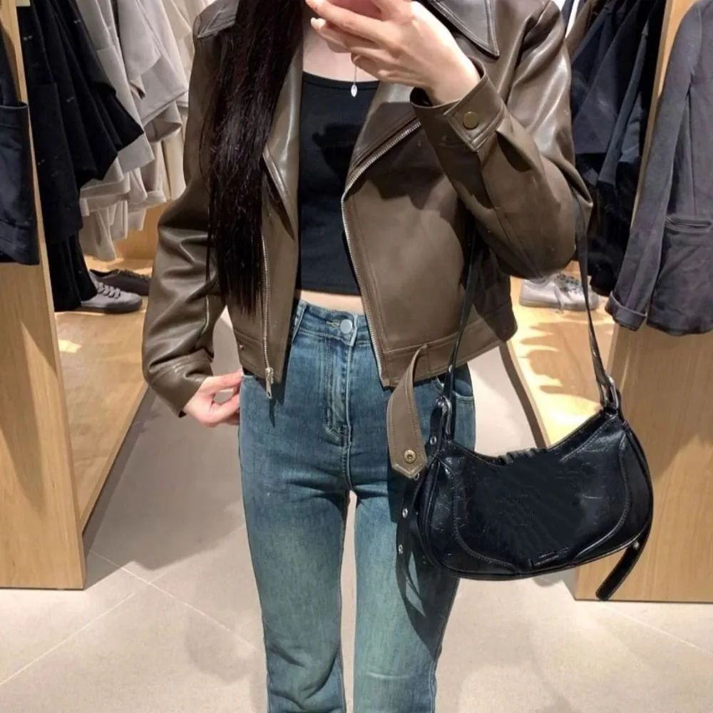 Retro Pleated Leather Jacket Women Korean Chic Outerwear Vintage PU Coats Lapel Collar Windbreaker Jackets Y2k Women