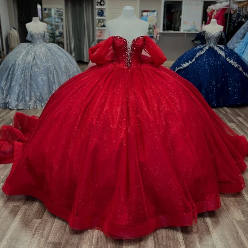 

Red Sparkly Princess Quinceanera Dresses Off Shoulder Ball Gown Glitter Crystals Beads Tull Sweet 16 Dress Vestidos De 15 Anos