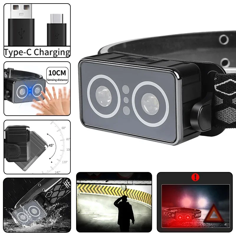 

New LED Inductive Headlamp with Built-in Battery, Type-C Charging, 45° Adjustable LED, Lightweight Headlamp