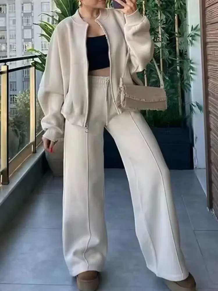 HH 2024 Conjuntos de pantalones informales para mujer, chaqueta Bomber de manga larga con cremallera + pantalones holgados de cintura alta con cordón, traje de moda urbana