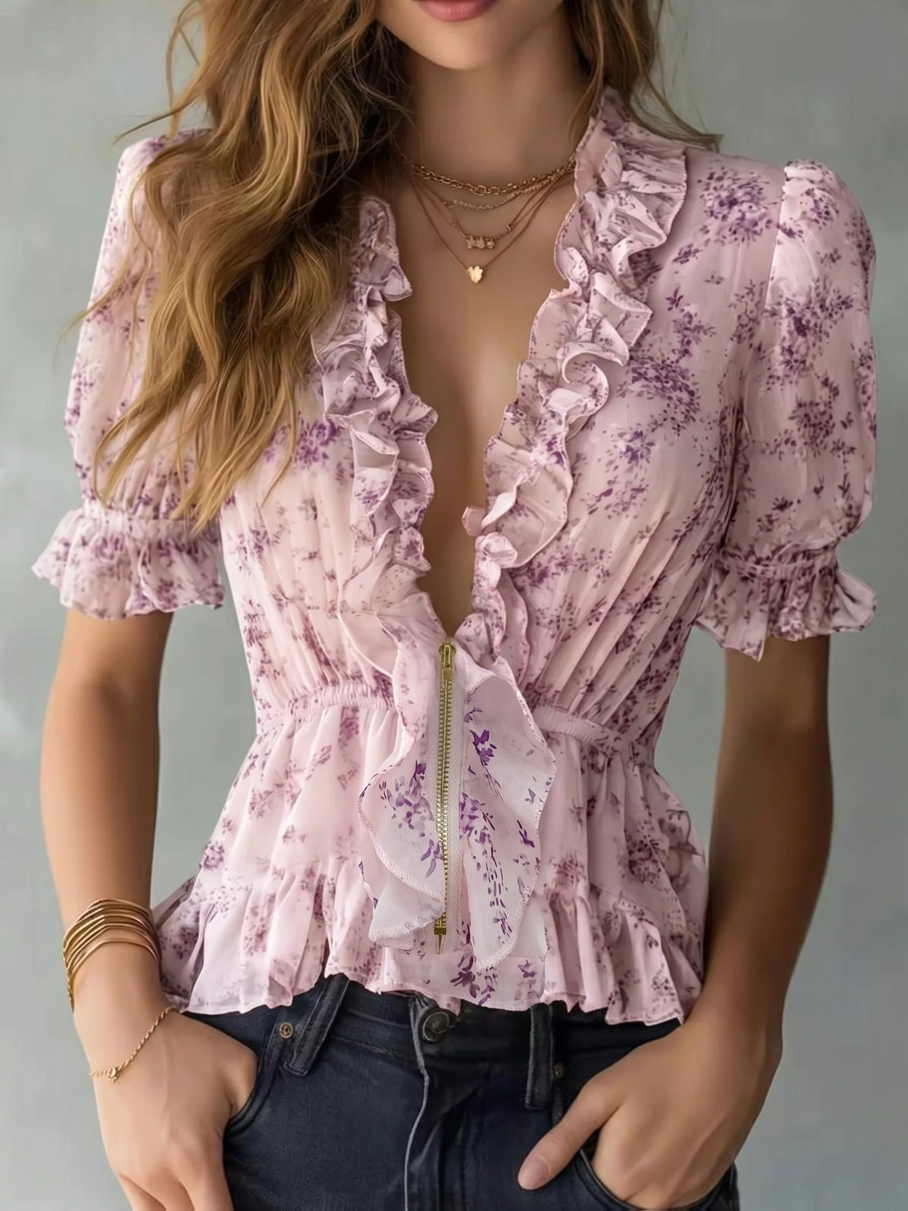 Women's Pink Floral Print Ruffle V-Neck Blouse Puff Short Sleeve Elastic Waist Zipper Front Slim Fit Casual Summer Chiffon Top