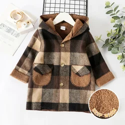 PatPat Toddler Boy Classic Plaid Fleece Lined Button Design Hooded Overcoat Perfect for Outings and Daily Wear Basic Style