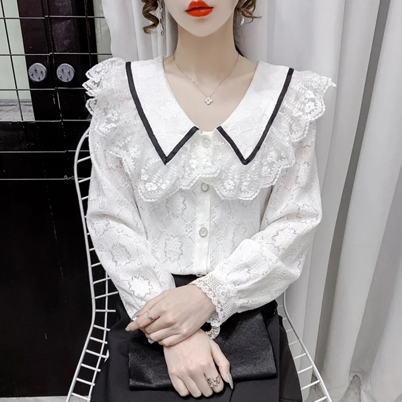 Vintage Long Sleeve Lace Blouses Shirts Women 2024 Autumn Winter Elegant White Blusas Casual Korean Clothes Ladies Tops Mujer