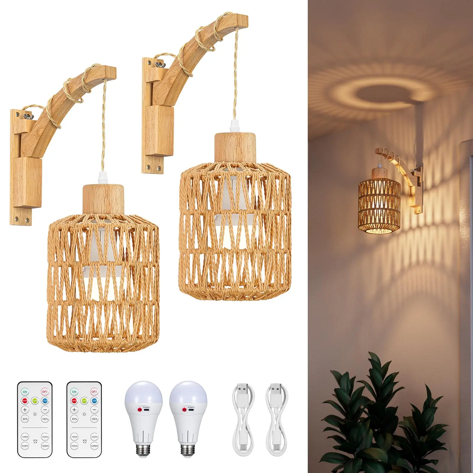 

Rattan Wall Sconce Set of 2 Battery Operated Wall Sconce Wooden Swing Arm Wall Lamp Rechargeable Wall Sconce