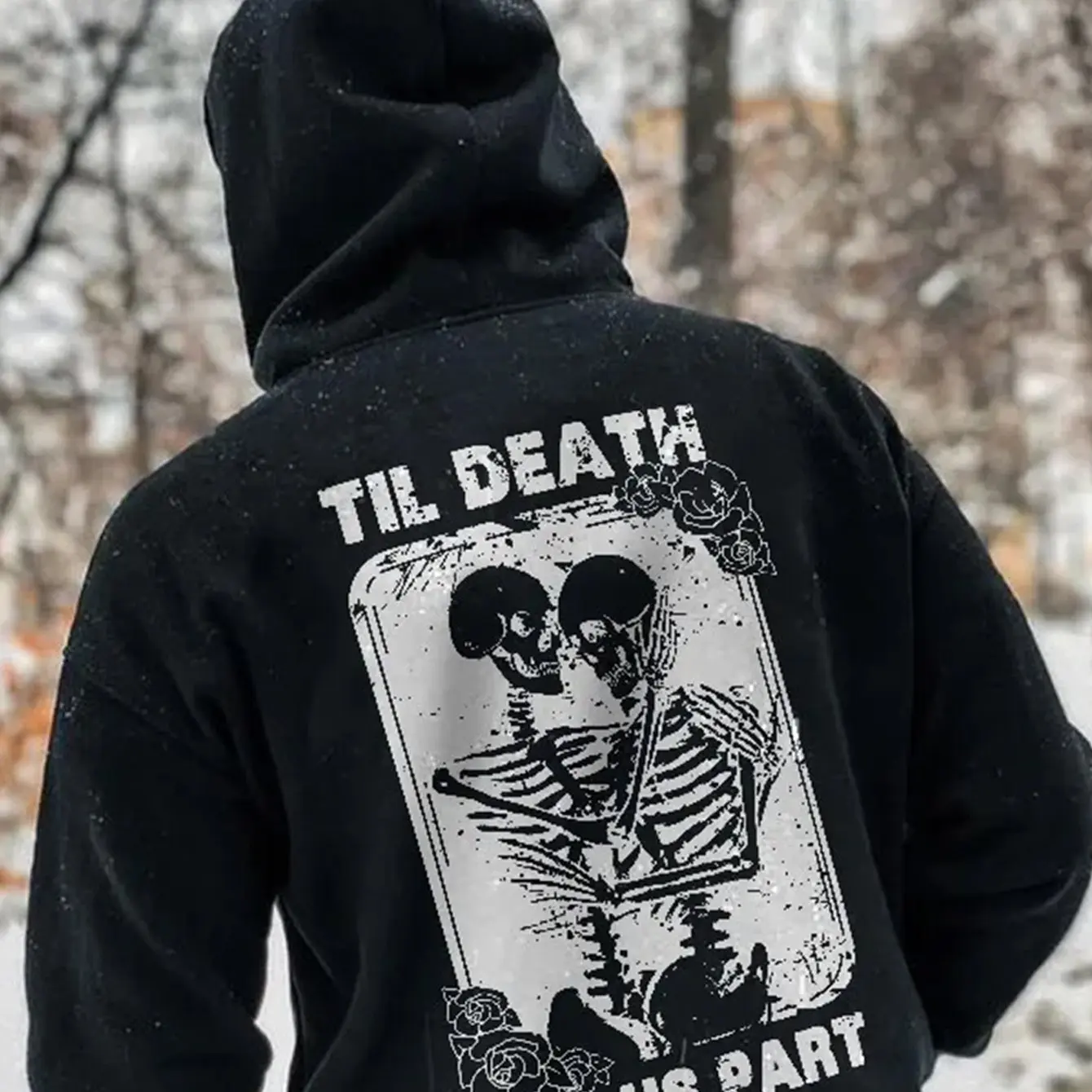 

​​gothic romance hoodie til death us part print black oversized streetwear skeleton couple with rose vines embroidery jacket​