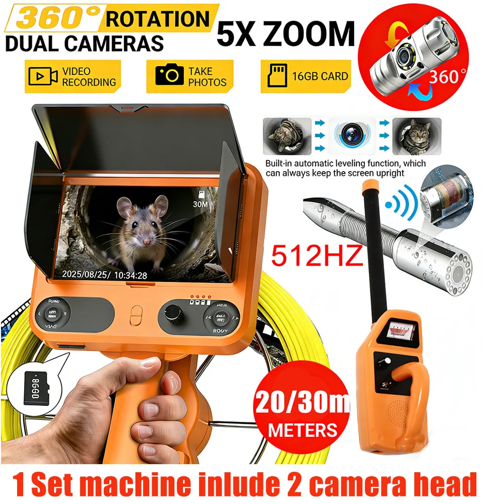 7inch IPS 23mm 360 rotation DVR meter counter Endoscope pipe camera pipe inspection camera kit with 23mm 512hz autoself locator