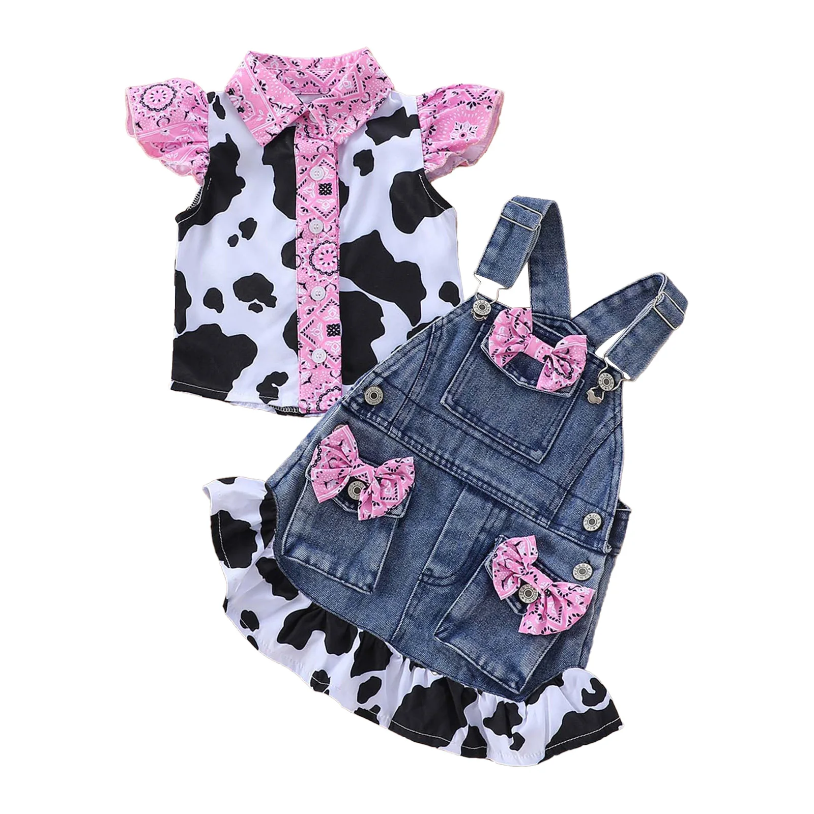 Toddler Cowgirl Outfit Kids Denim Overall Dress Set Cow Print Button Up Shirt Jeans Suspenders Skirt with Pockets Suits Costume