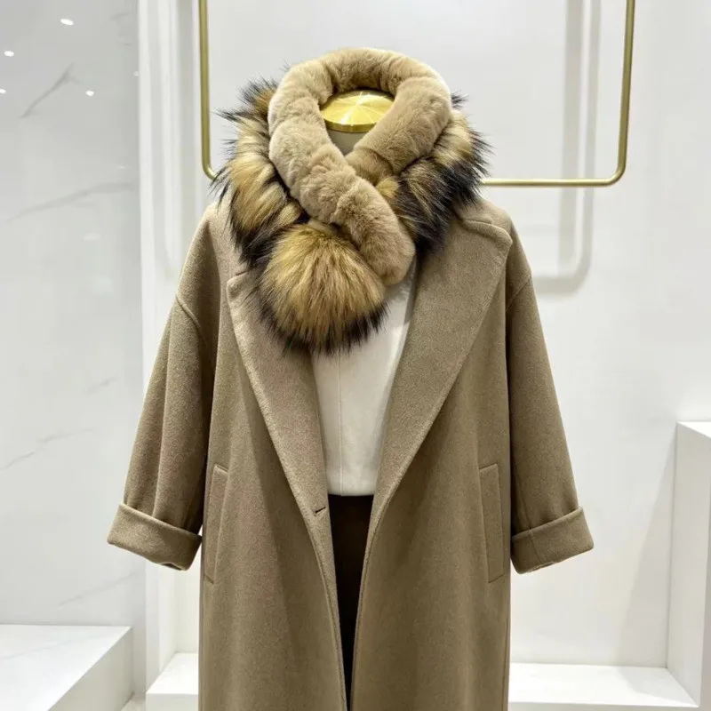 Rex Rabbit Fur Scarf With Raccoon Fur Pom-pom Warm And Thickened Neck Warmer Winter Jackets Hood Shawl Decor Cross Plush Scarves