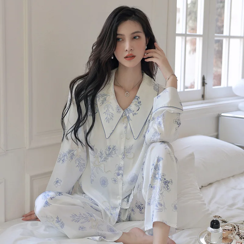 New Silk Satin Sleepwear Women Fresh Blue White Pajamas Set Spring Summer Home Clothes Long Sleeve Pant Suit Pyjama Femme