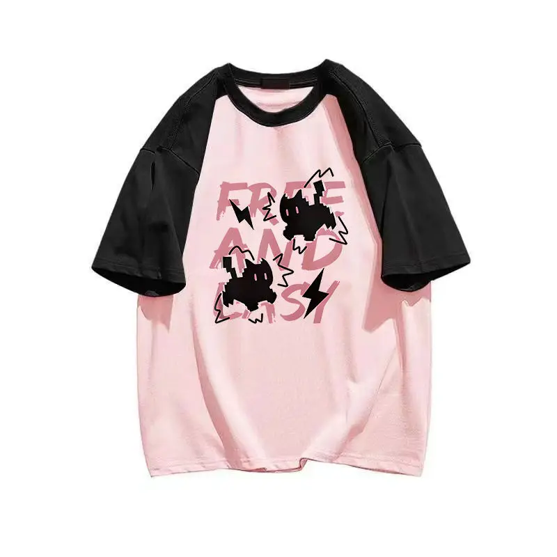 Cotton Contrasting Printed Short Sleeved T-shirt for Women Loose and Versatile with Shoulder Sleeves Sweet and Stylish Top