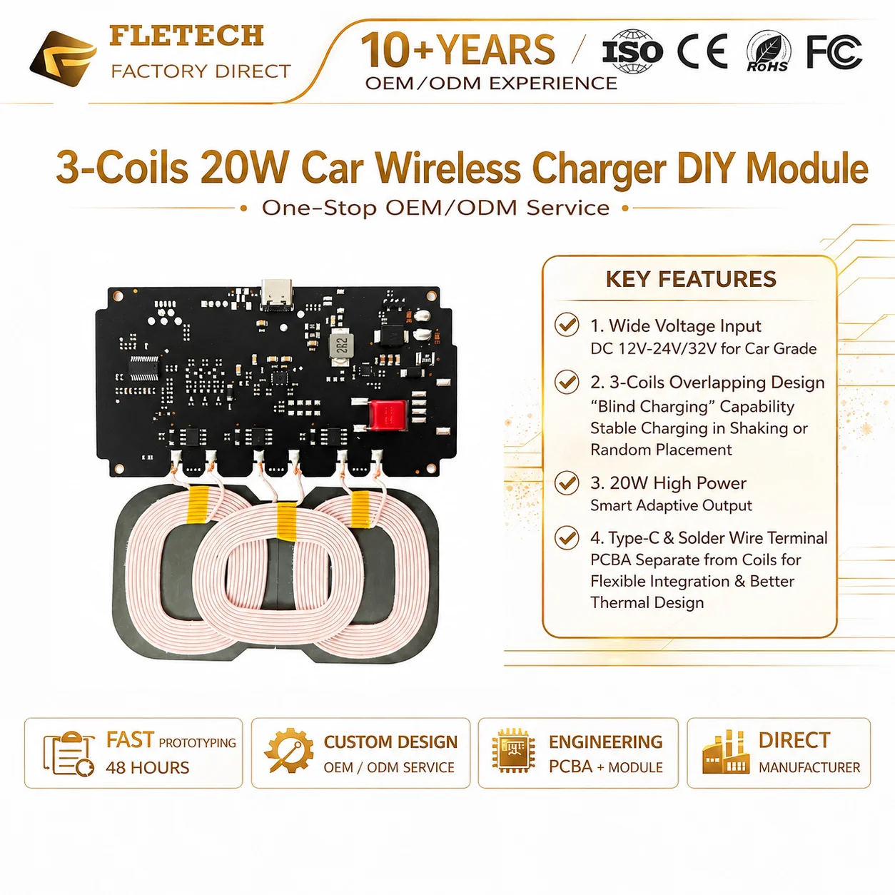

Wireless Charger 3 coils QI 20W Wireless Charging Circuit Board 12-24V Type-C Wireless Charging DIY for Cars Trucks RVs
