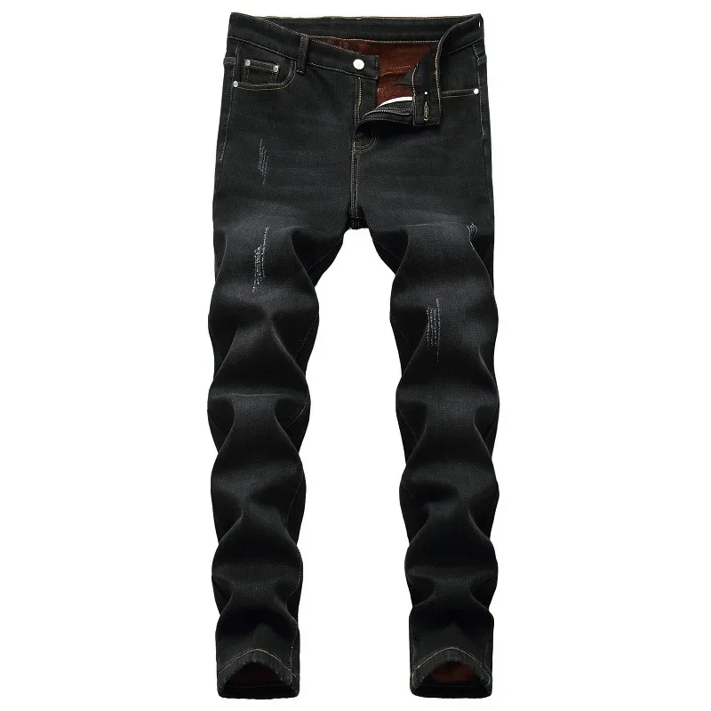 

2024 Men's Autumn and Winter Fleece-lined Jeans, European and American Fashionable Youth Elastic Tapered Long Pants.