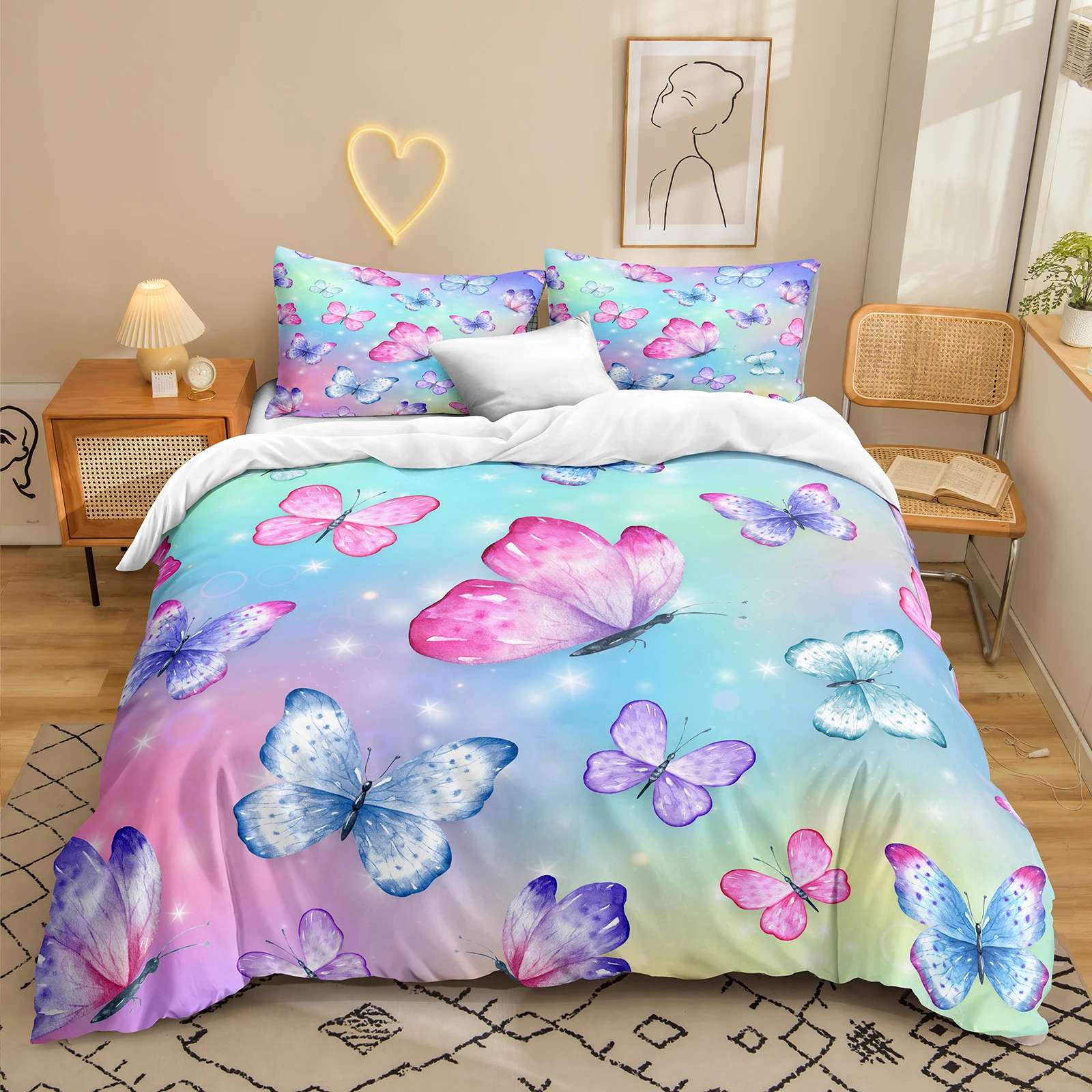 

Colorful Butterfly Duvet Cover Set Watercolor Bedding Set Girls Butterfly Quilt Cover Set Breathable Easy Care with 2Pillowcases