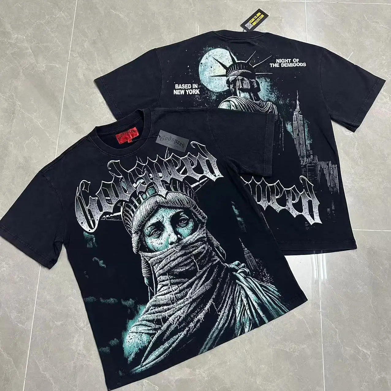 Godspeed American Trendy Brand Masked Statue Print T-Shirt Washed Vintage Pure Cotton Loose Short Sleeve Street Style Citywal...
