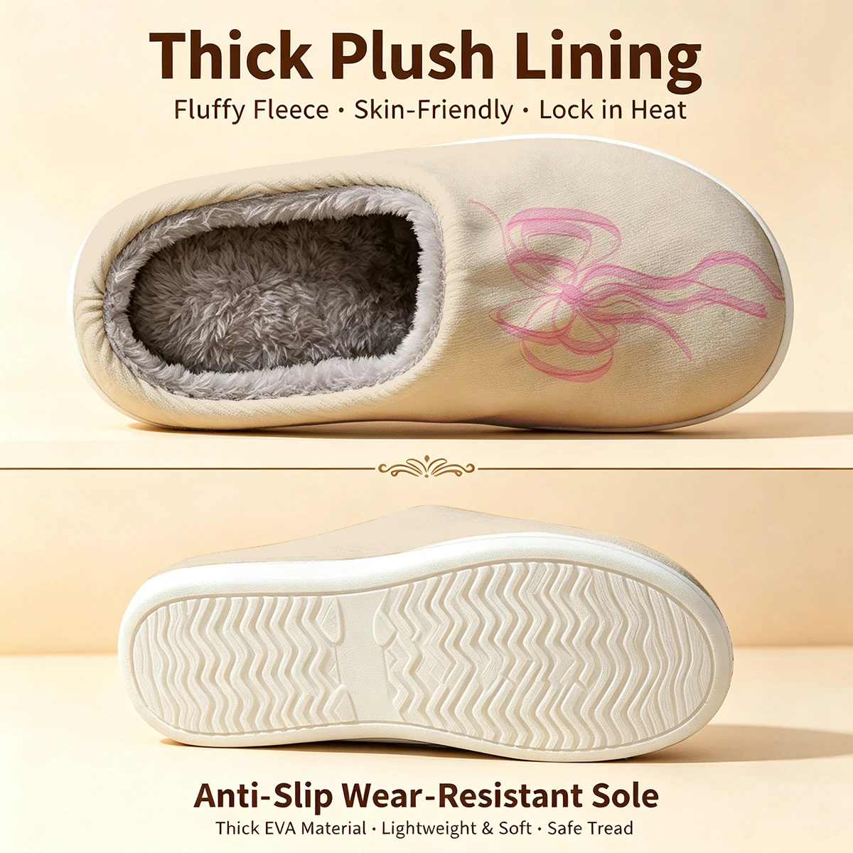Pink Ribbon Twist Christmas White Slippers Warm Plush Indoor Shoes Non-Slip Winter Slippers Family Holiday Gifts Soft view 6