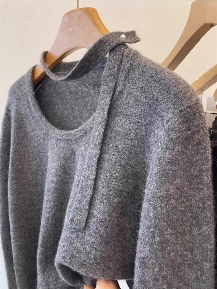 سترة محبوكة بأكمام طويلة وشريط معلق برقبة أرجوانية للنساء في الخريف والشتاء، سترة قصيرة راقية وفضفاضة