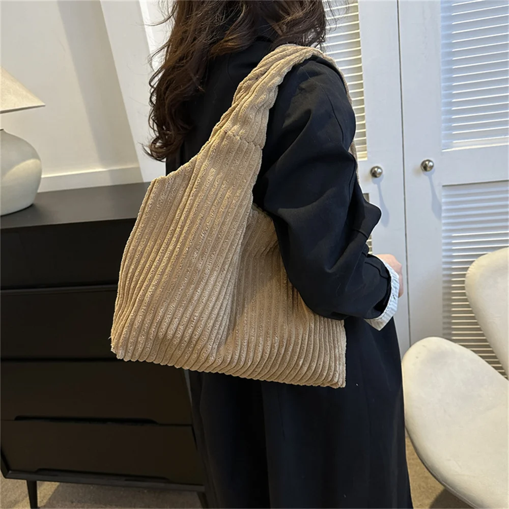 Corduroy Shoulder Bag For Women Casual Handbags Large Capacity Shopping Work Bag Tote Bag Purse