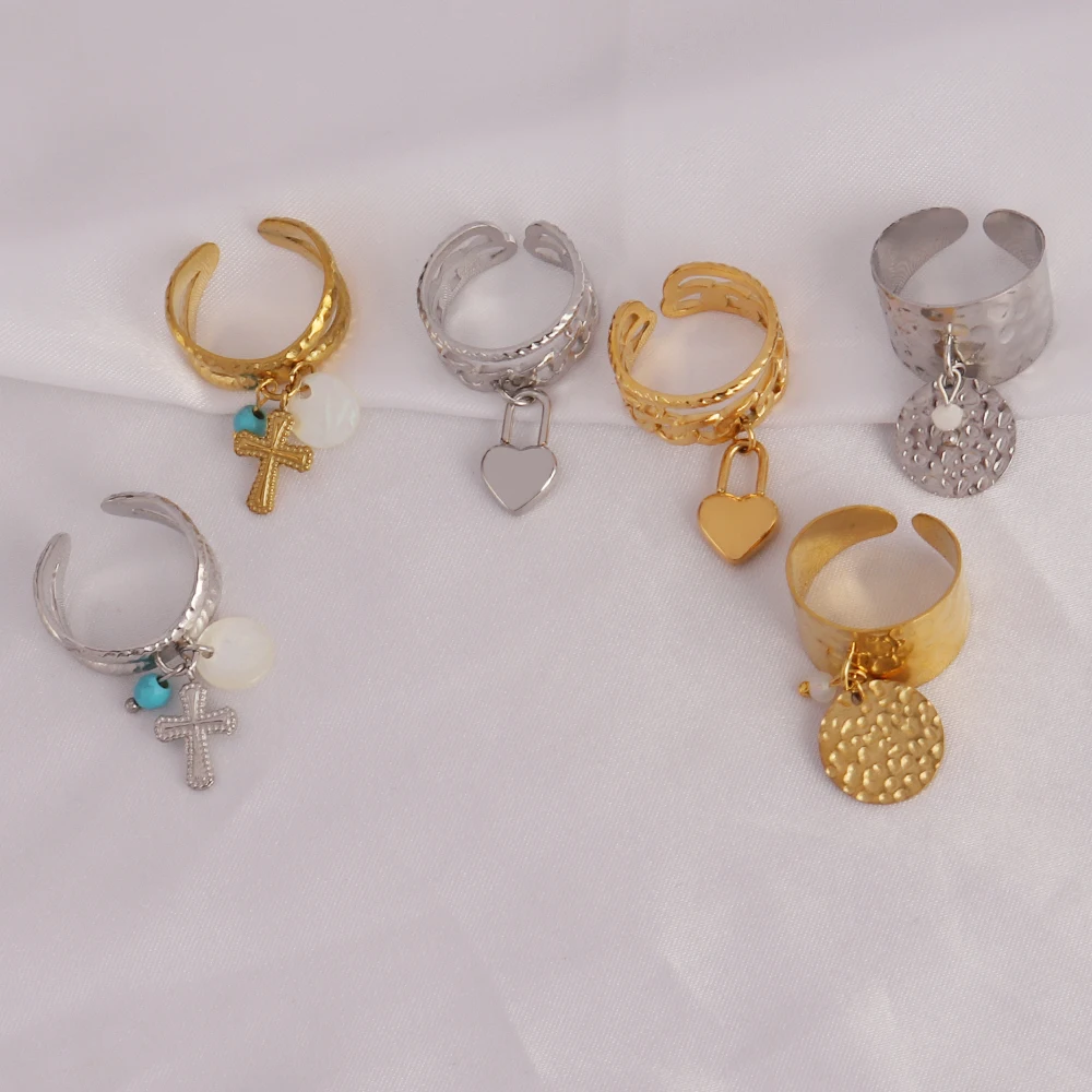 316 Stainless Steel Ring Wide Ring Open Rings For Women Ring Geometry Chain Female Cross Pendant Rings Jewelry Gift Wholesale image 5