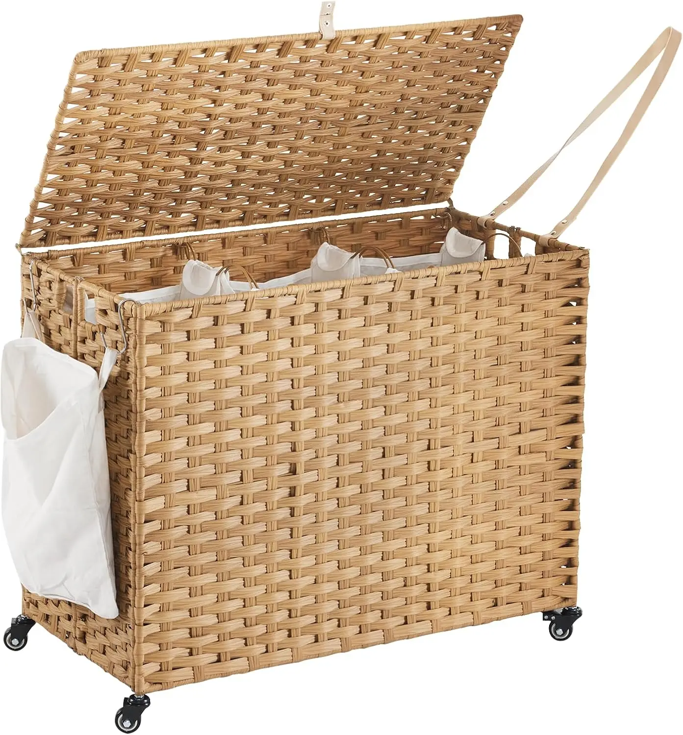 Natural Rattan Rolling Laundry Hamper with Lid, 52.8 Gallon (200L) 3‑Section Laundry Sorter on Wheels, with 3 Removable Liners, 3 Mesh Bags & Side Pocket for Dirty Clothes Organization