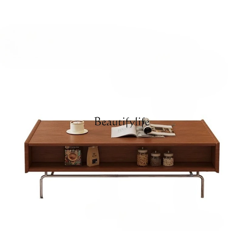 

Nordic Solid Wood Coffee Table Living Room Vintage Style Rectangular Storage Stainless Steel Tea Table