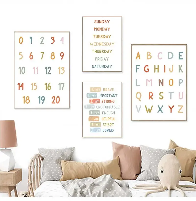 English Education Poster Alphabet Number Color Shape Wall Art Prints Canvas Painting Pictures Kids Bedroom Classroom Decor