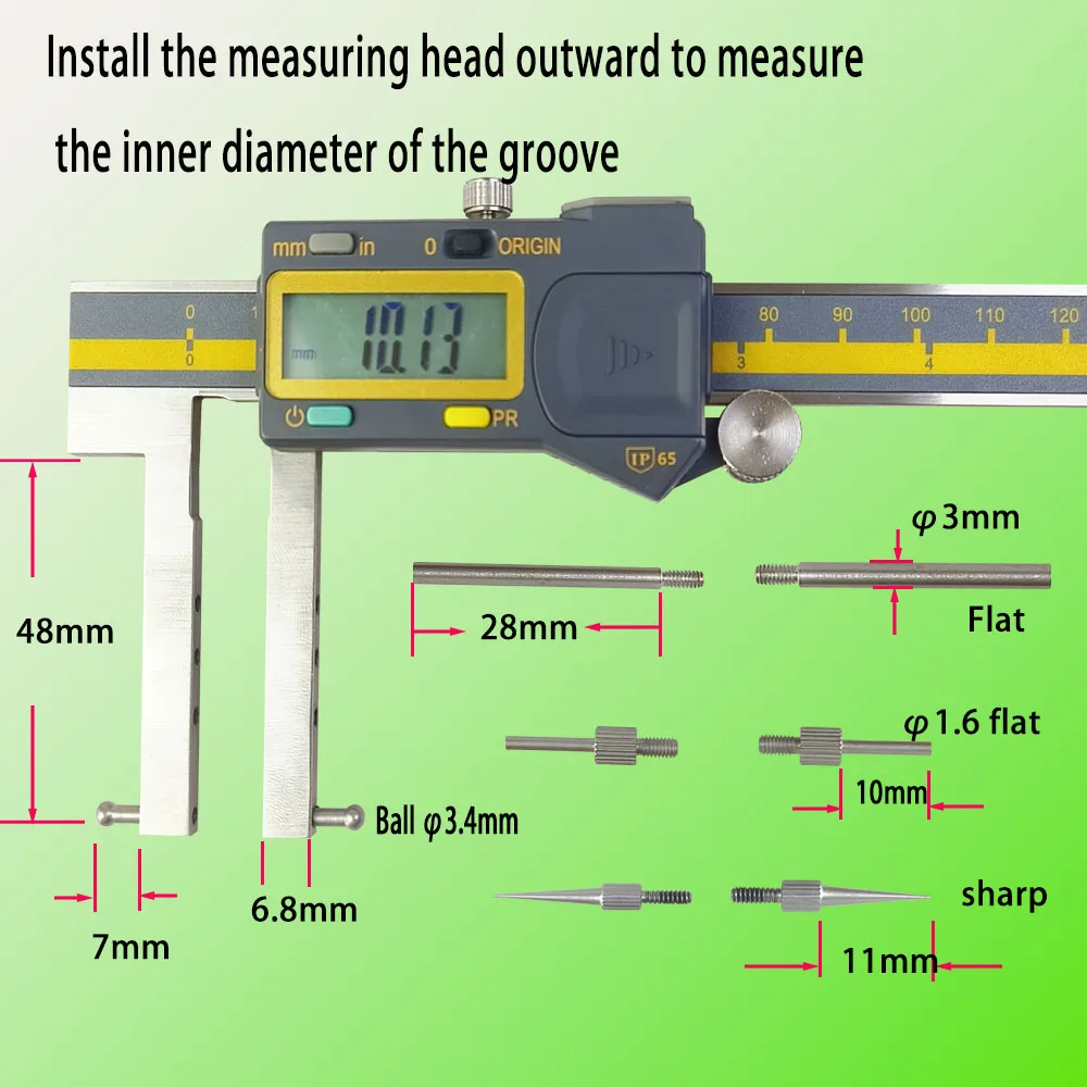 Digital Vernier caliperInterchangeable multiple tips internal external outside groove  ball long sharp small gap thread hole