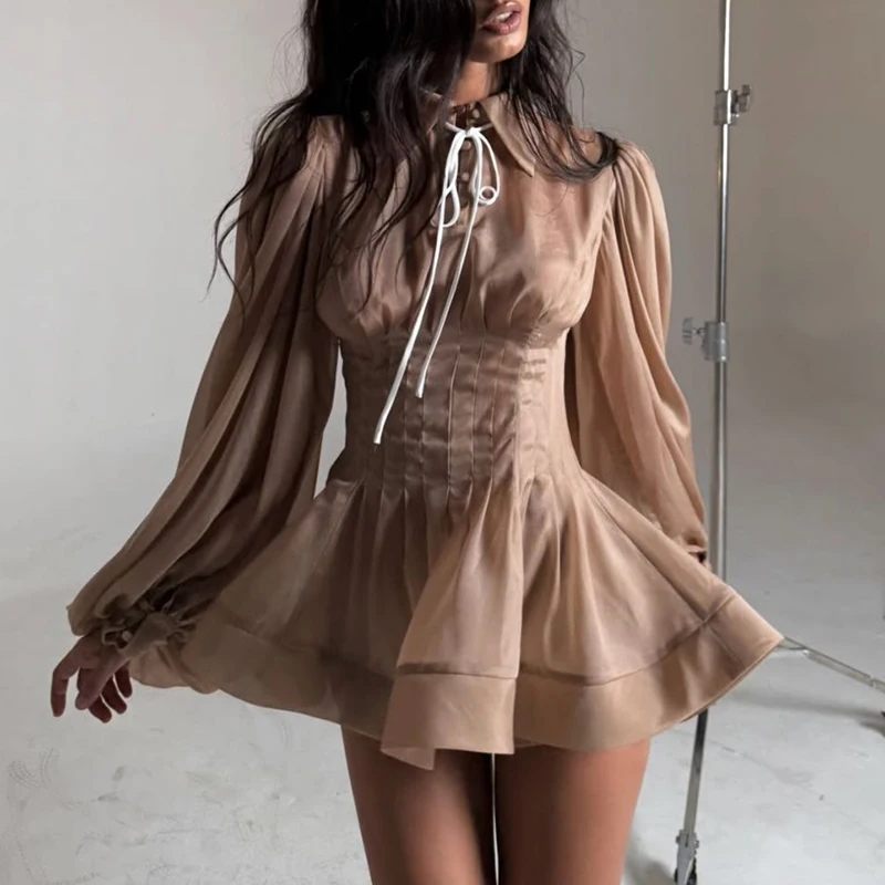 Casual High Waist Pleated Mini Dress Elegant Lapel Long Sleeved Slim Banquet Dress Office Ladies Sexy See Through A Line Dresses