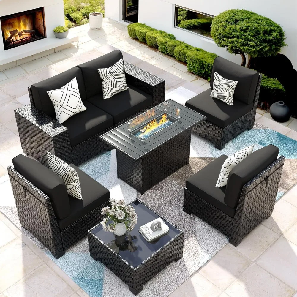 

7 Piece Patio Furniture Set with Fire Pit Table, Outdoor Sectional Conversation Sets Black Wicker Rattan Sofa with Coffee Table