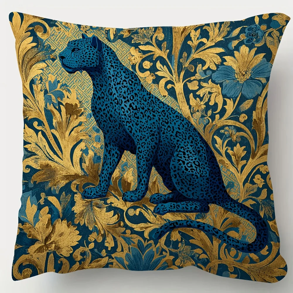 Blue and Gold Pillow Cover Ornate Damask Background with Blue Leopard Silhouette 18x18 Inch Square Decor Cushion cover
