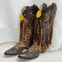 Brown Leopard Tassels Mid Calf Boots Western Boots Design Knight Pointed Toe Chunky Heel Women Shoes 2023 Zapatos Para Mujere