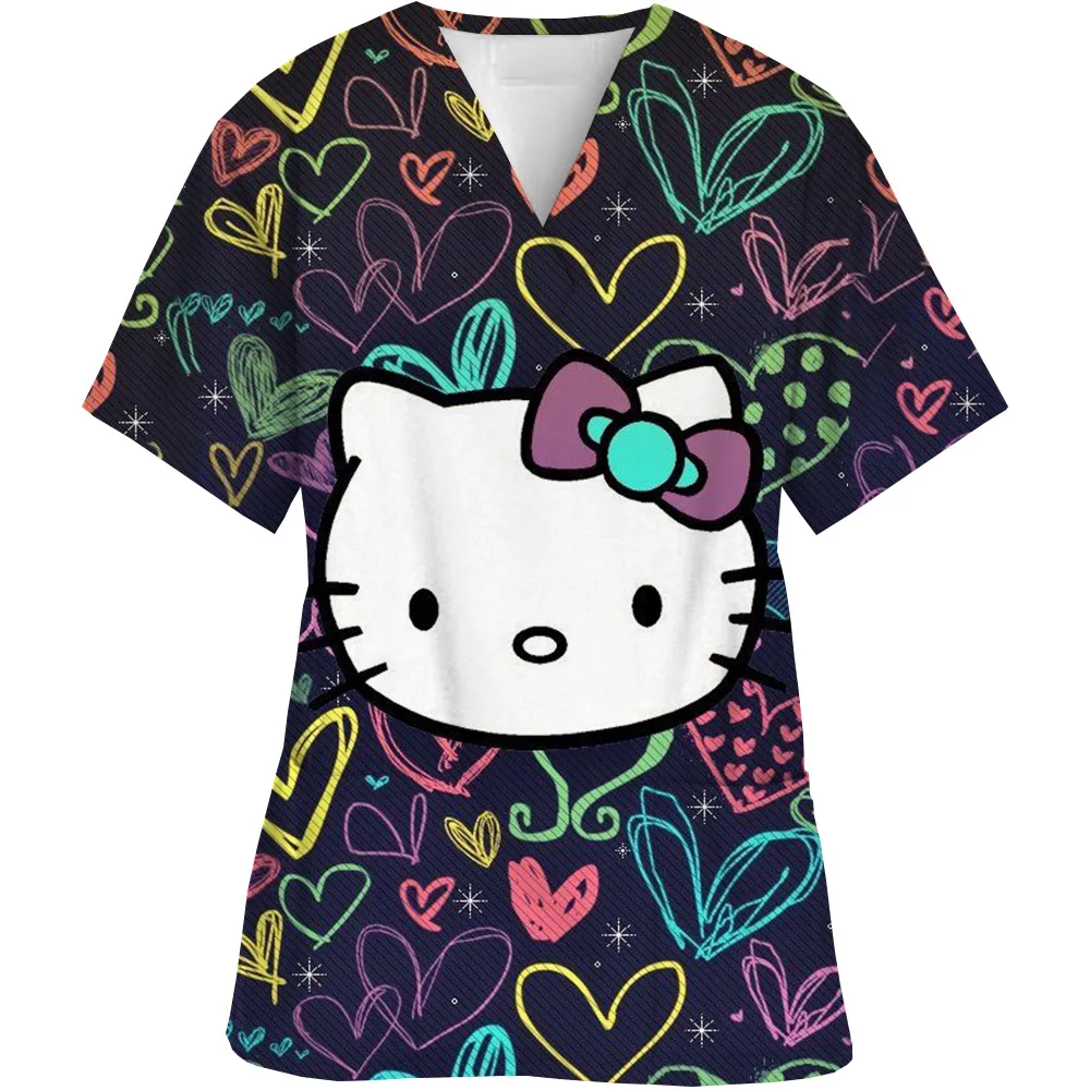 V-Neck Pocket Hello Kitty Care Workers T-Shirt Tops Clinic Working Clothing Women Short Sleeve Scrub 3D Print Nurse Uniform