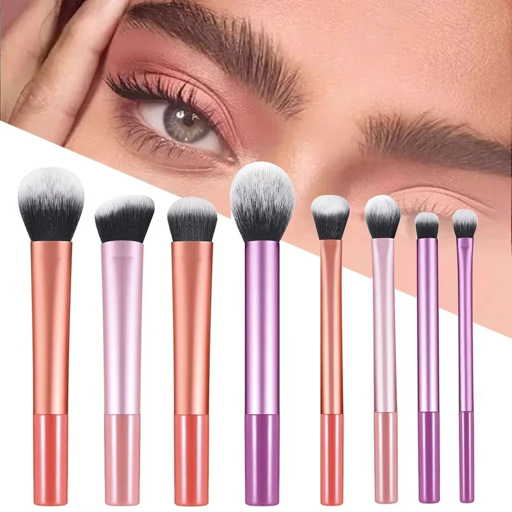 Conjunto de 8 Pincéis de Maquiagem com Cabo Metálico Gradiente, Macios e que Não Soltam Pelos, para Pó, Base, Sombra e Rosto Completo – Ferramentas Co