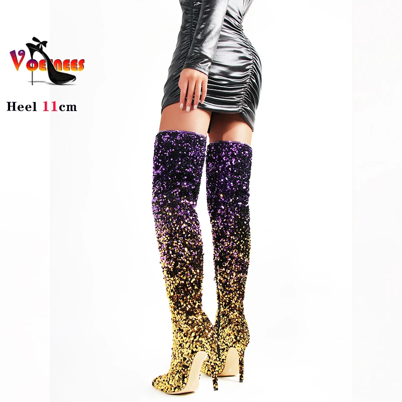 Shoes For Women Shiny Gradient Sequin Stretch Boots 11CM Over-the-Knee Boots 2024 Spring/Autumn Pointed Toe Zipper Long Boots