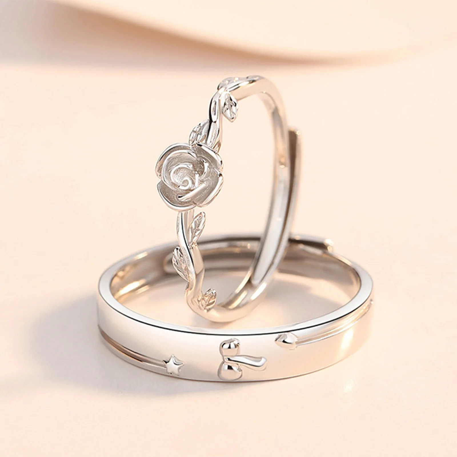 خاتم زوجين قابل للتعديل الأمير الصغير والوردي موضوع ريترو فضي سبيكة للجنسين مجوهرات الأزياء للرجال والنساء #6