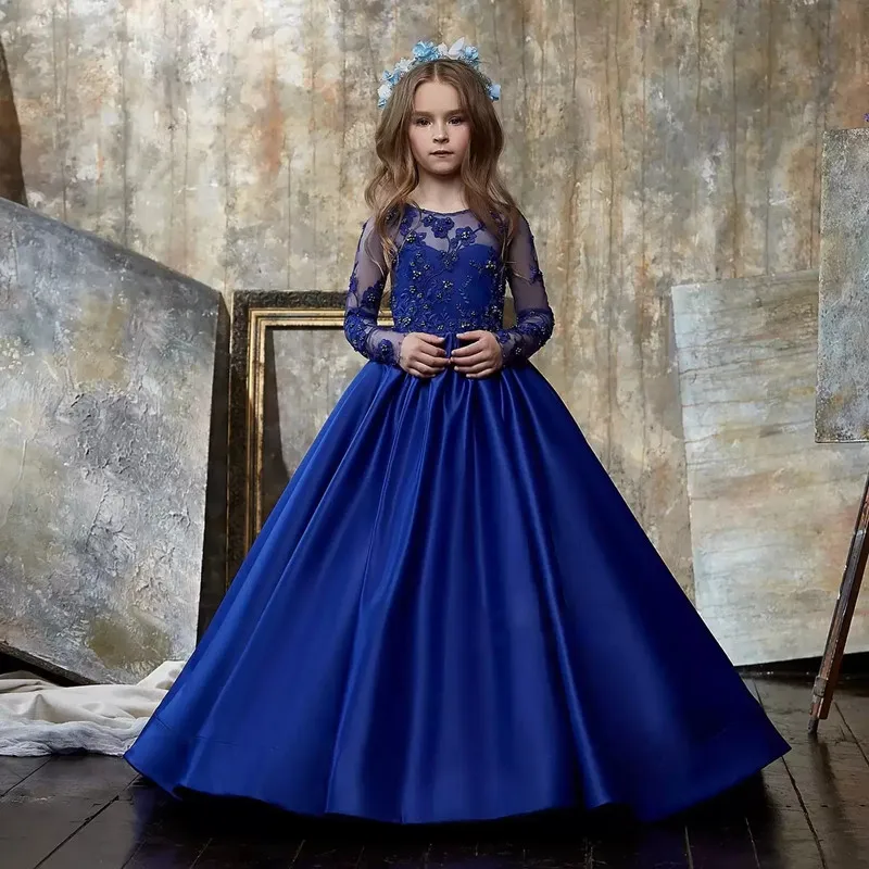 

Flower Girl Dresses Royal Blue Satin Puffy Ball Gown Floor Length Baby Pageant Dress Girl Wedding Party Dress