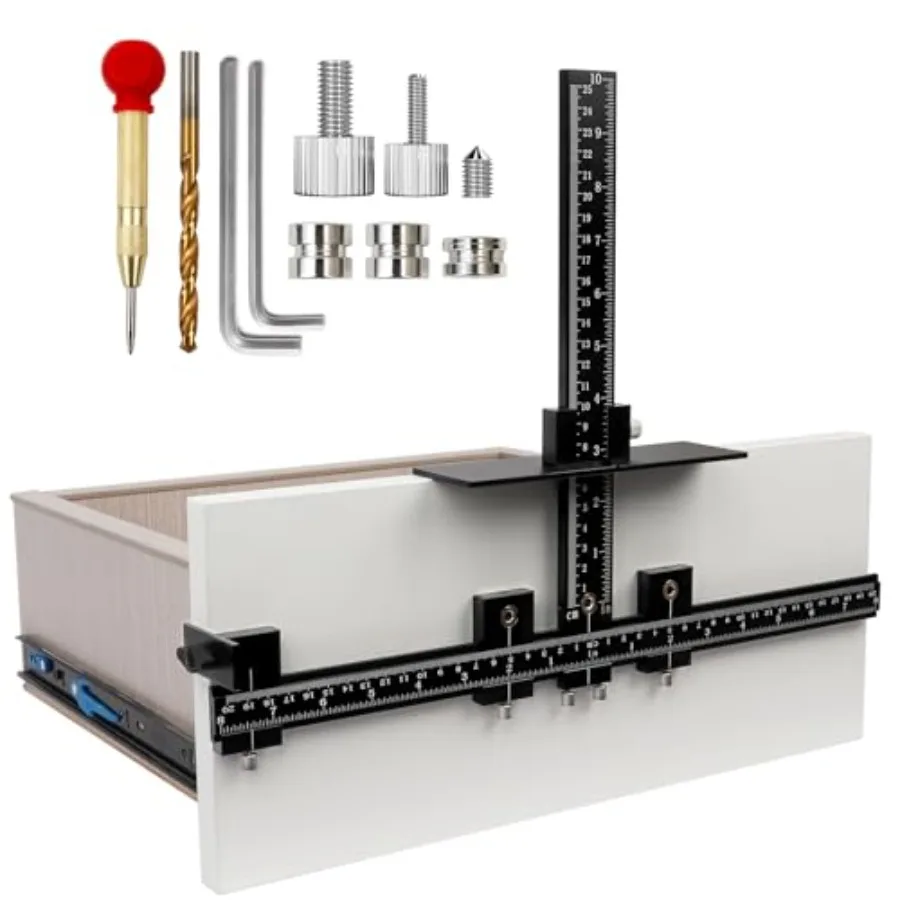 

Cabinet Hardware Jig Tool - Adjustable Drill Template for Handles and Pulls on Drawers/Doors All Aluminum Alloy with Center Pun