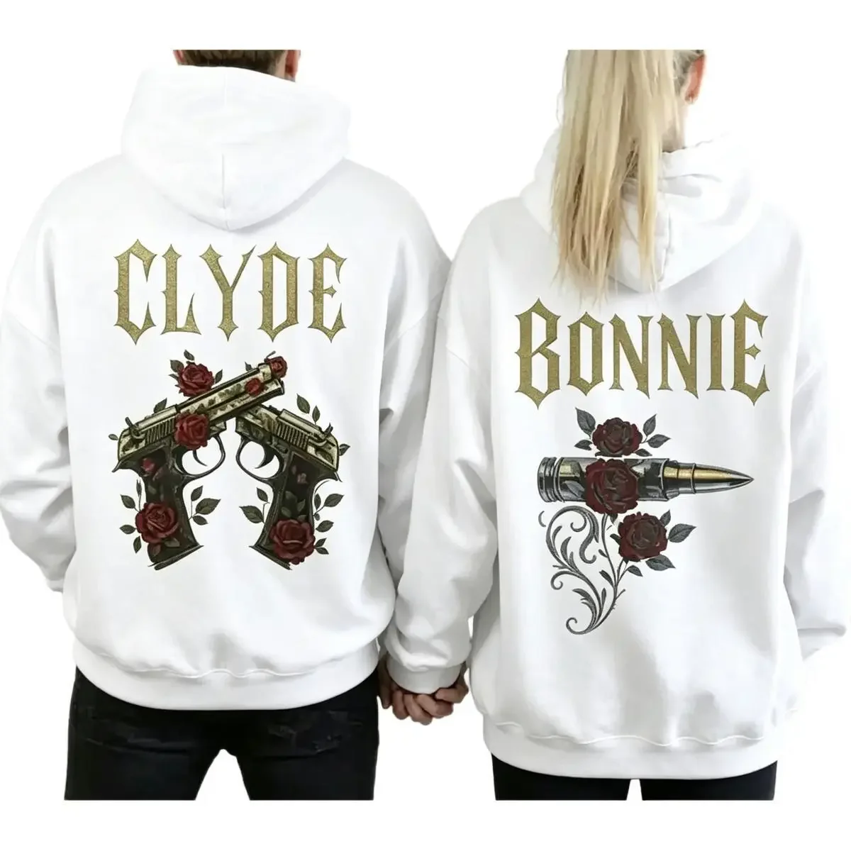 Men's Bonnie & Clyde Matching Hoodies - Couple Garment with Gun and Bullet Rose Design, Loose Baggy Street Style, Everyday Casual Cotton Fabric, Valentine's Day Outfit
