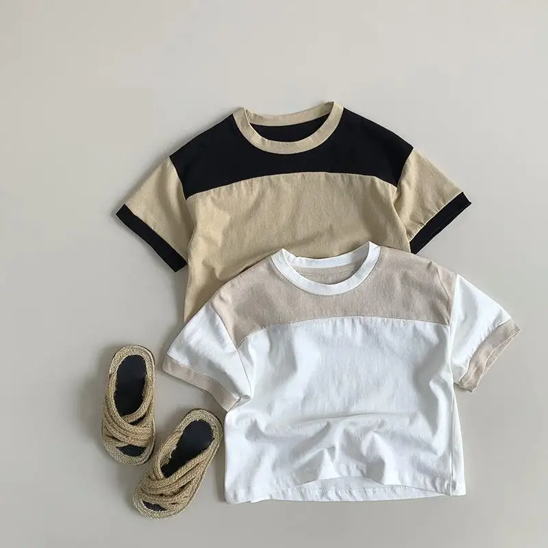 

2024 Summer New Children Short Sleeve T Shirts Cotton Baby Boy Girl Casual Patchwork Tees Toddler Kids Loose Versatile Tops