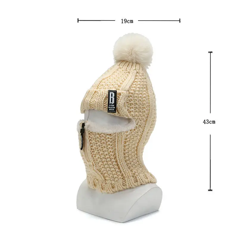 Women Wool Knitted Hat Ski Hat Sets Windproof Winter Outdoor Knit Thick Siamese Scarf Collar Warm Keep Face Warmer Pompoms Cap