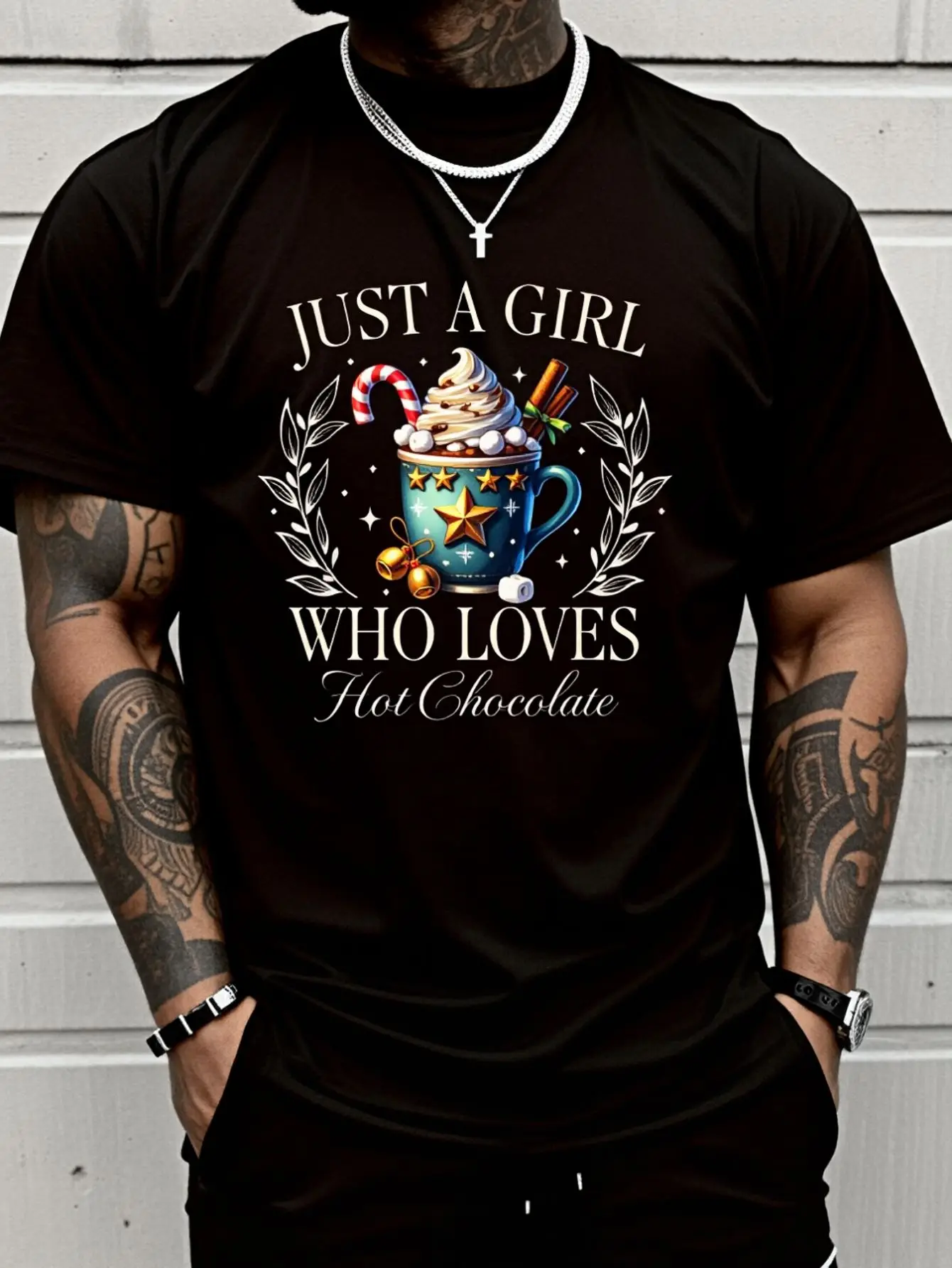 100% Cotton Men Just A Girl Who Loves Hot Chocolate Christmas Vintage Cocoa T-Shirt Print Round Neck Short Sleeve Streetwear Fashion Breathable Soft Unisex Designer